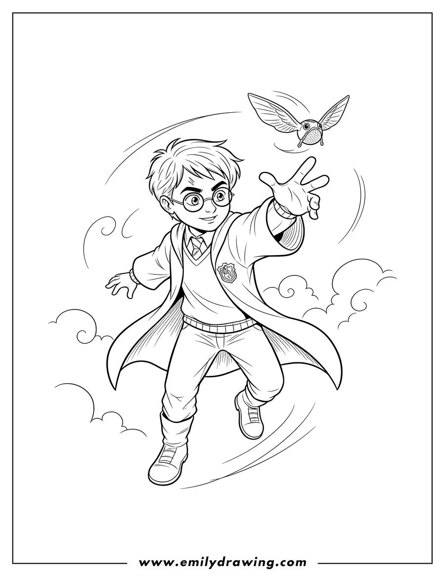 Free to print drawing of young Harry Potter wearing glasses, catching Golden Snitch with outstretched hand