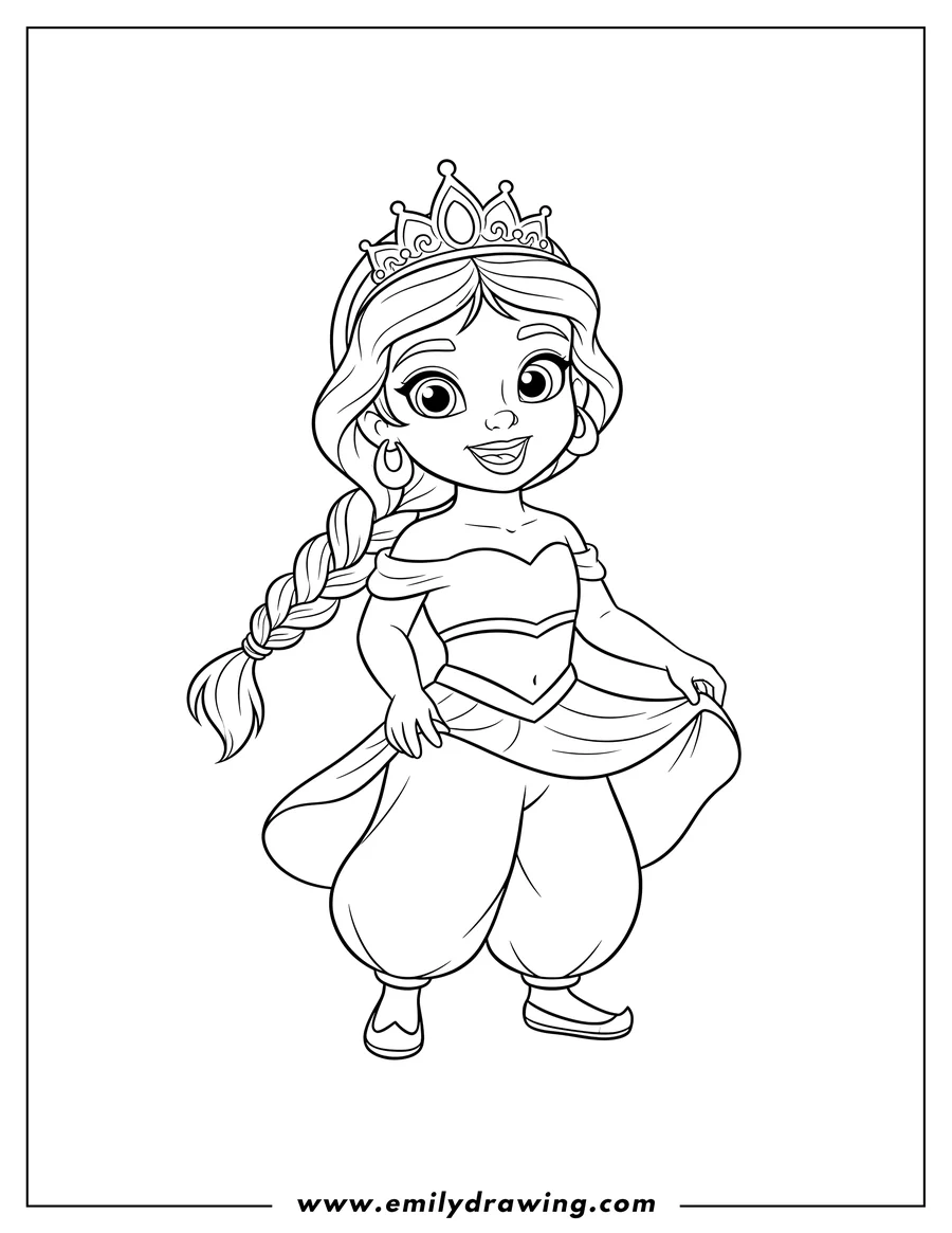 High quality printable young Jasmine Preschoolers wearing a crown, smiling, and holding her skirt for coloring