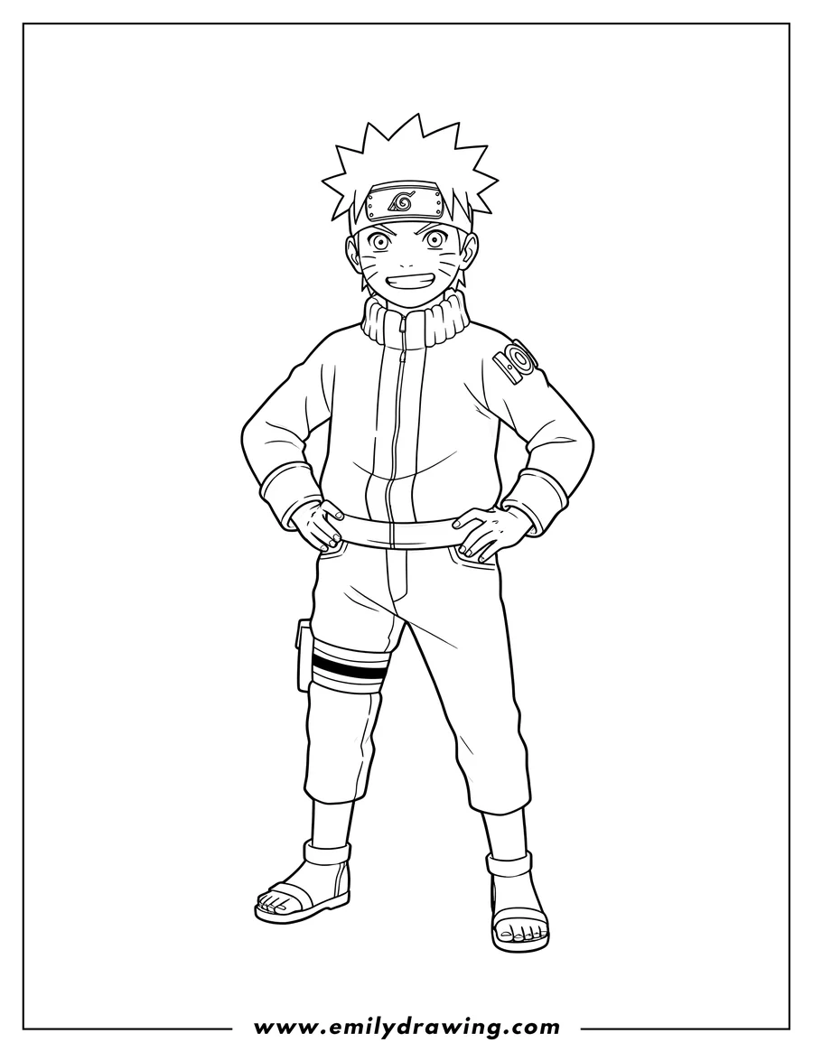 Coloring sheet featuring young Naruto standing with hands on hips