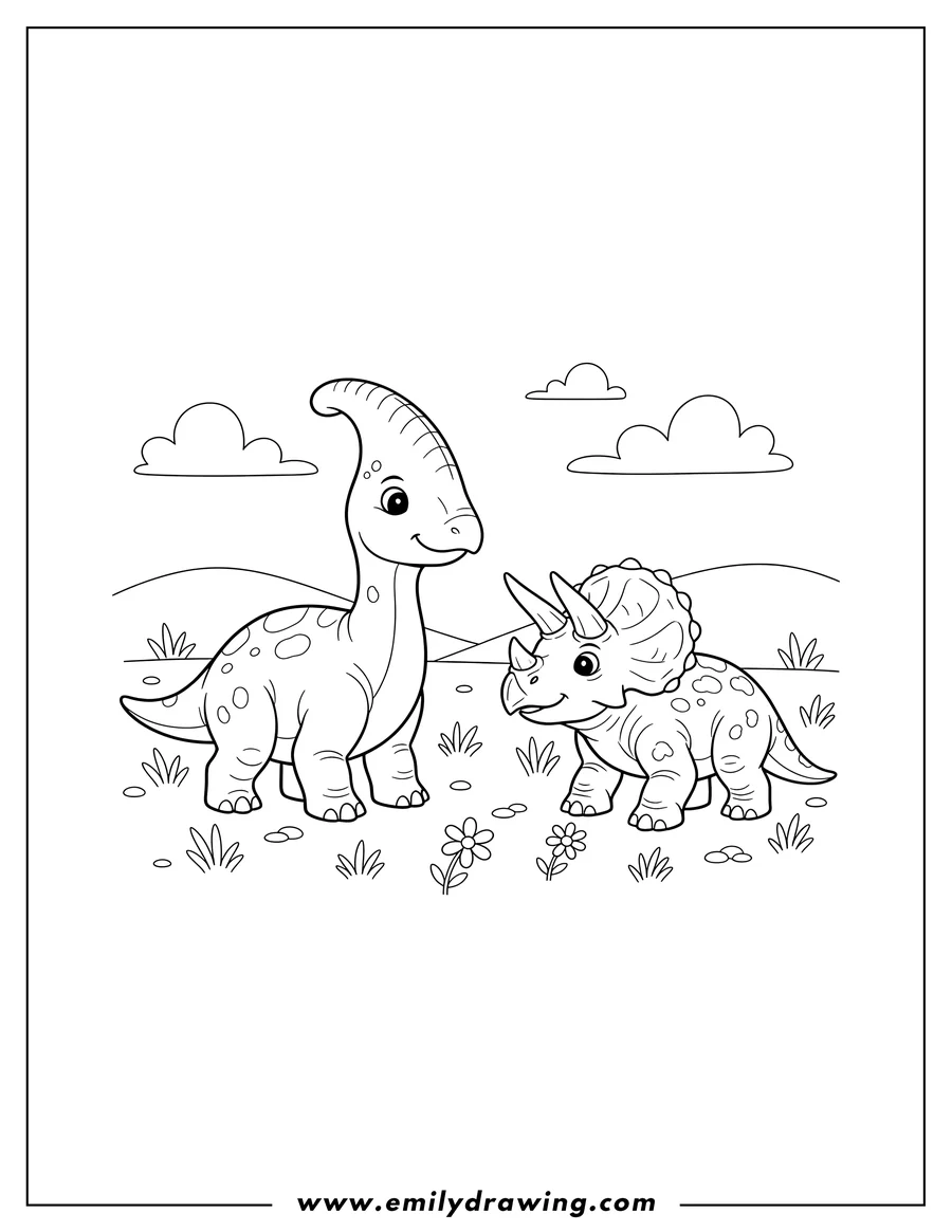 Full page coloring image of A young Parasaurolophus and a young horned dinosaur standing in a field
