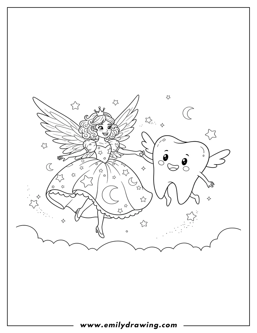 Vector style outline of young Tooth Fairy dancing while holding the hand of a smiling, winged tooth