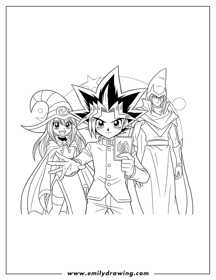 Printable coloring page of yugi Mutou playing a card, flanked by a smiling Dark Magician Girl and a stern Dark Magician