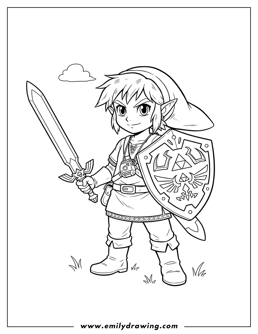 PDF style coloring page: zelda Link Ocarina Time Scaled, standing, holding a shield and a sword