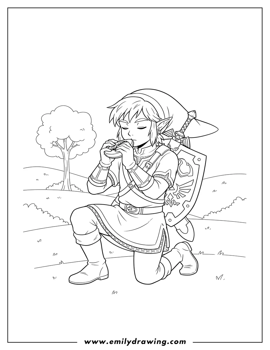 Vector style outline of zelda Link playing an ocarina with sword and shield on his back