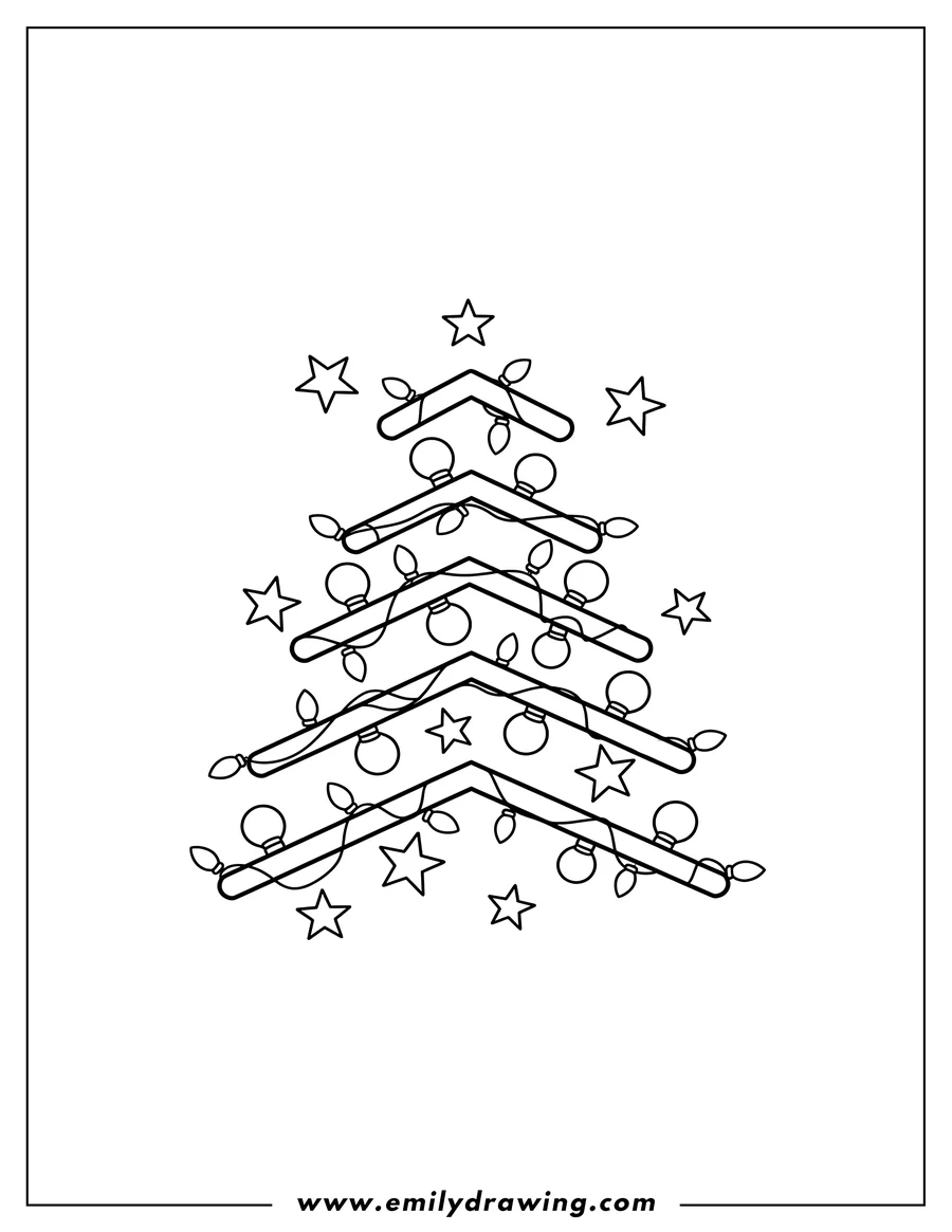 Coloring sheet featuring christmas lights in a zigzag tree shape with scattered stars