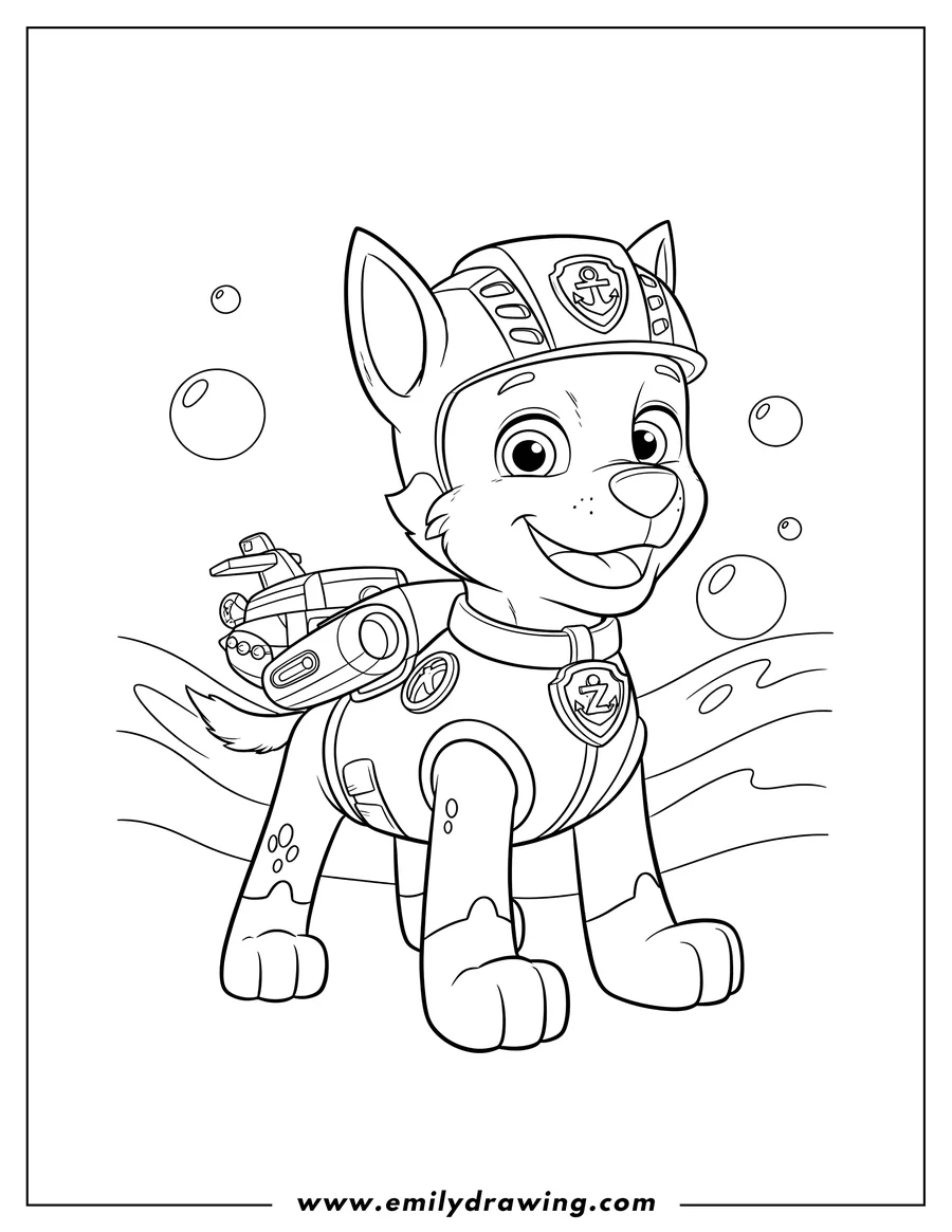 Coloring sheet featuring zuma From Paw Patrol Scaled, smiling and wearing his iconic rescue gear