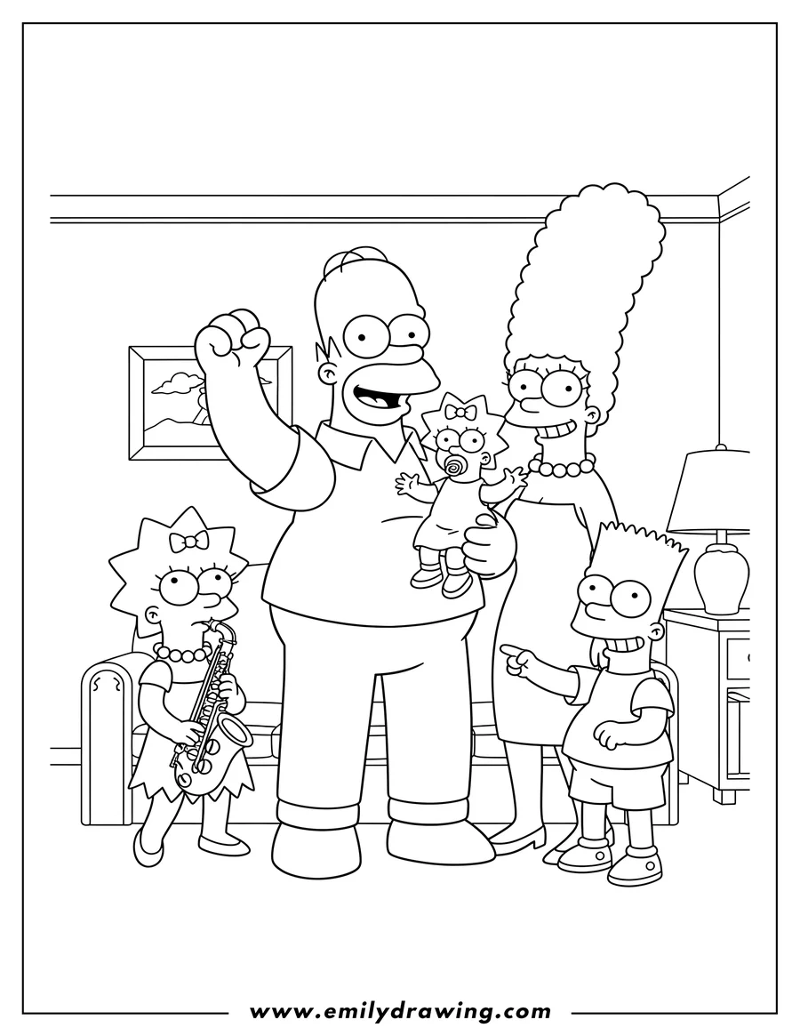 Simple sketch of A coloring page of Marge, Homer, Bart, Lisa, and Maggie posing together, with Homer holding Maggie and raising his fist to color