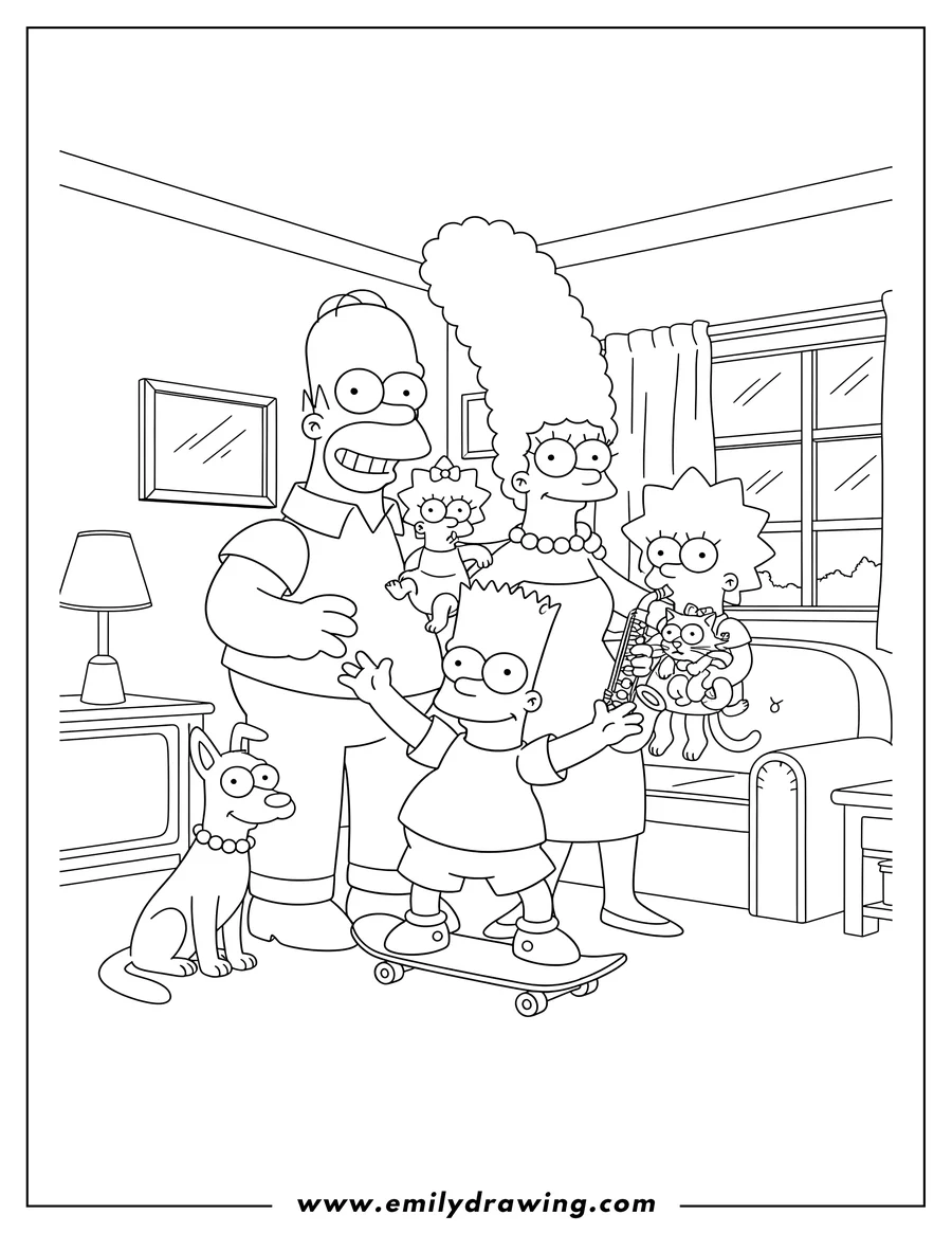 Doodle style coloring picture of the Simpsons family, with their dog and cat, posing