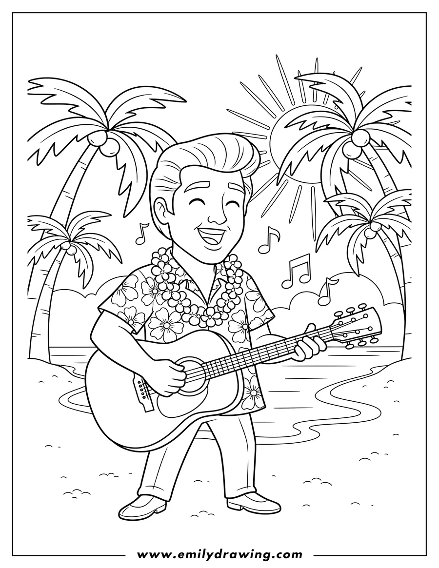 Clean line drawing: singing Elvis Presley wearing a floral Hawaiian shirt and lei, with guitar at a beach with sunset and palm trees