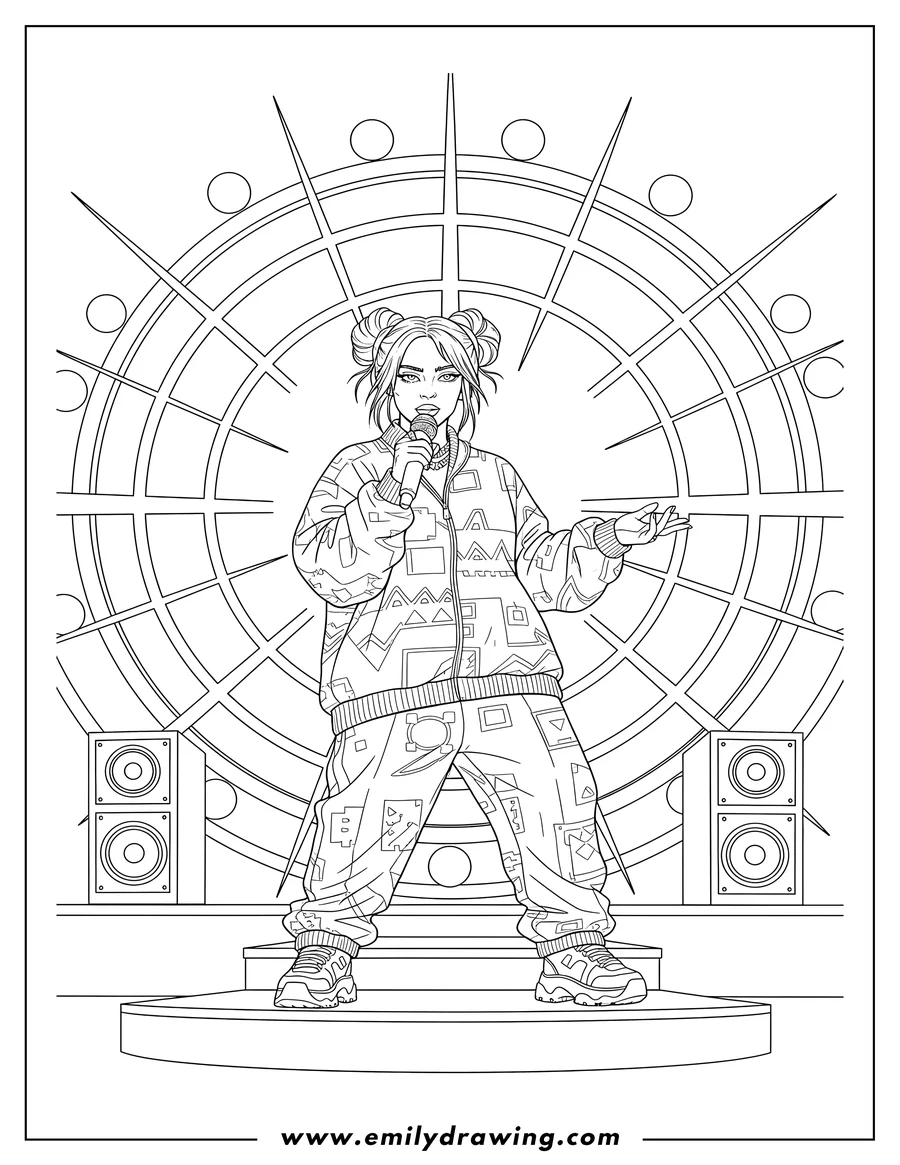 Free printable coloring sheet of billie Eilish Singing On Stage, holding a microphone and with her hair in buns