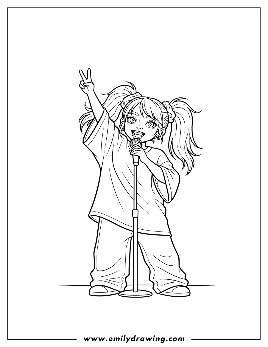 Vector style outline of billie Eilish singing with pigtails, an oversized t-shirt, and one arm raised
