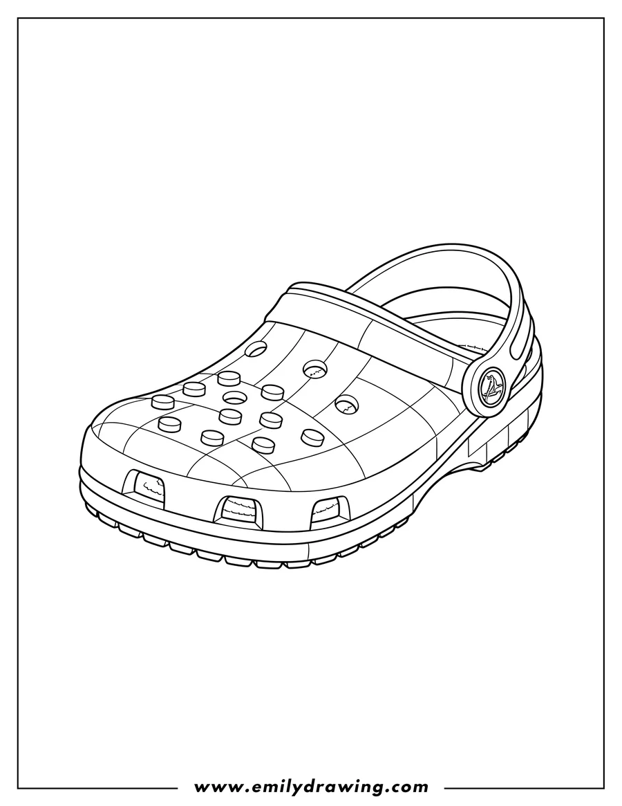 Simple sketch of A single Lego Croc shoe with studs to color