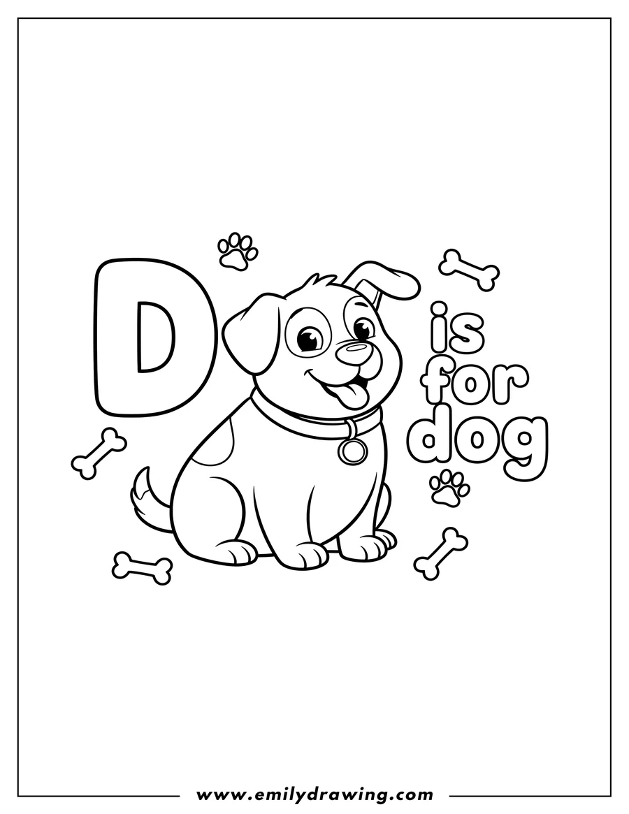 Doodle style coloring picture of D is for dog, with a sitting cartoon dog