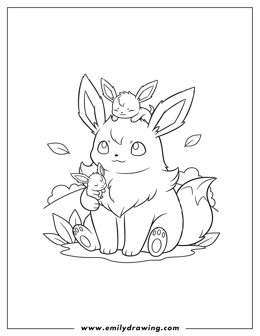 Free printable coloring sheet of sitting Leafeon holding a tiny Leafeon in its paw with another on its head