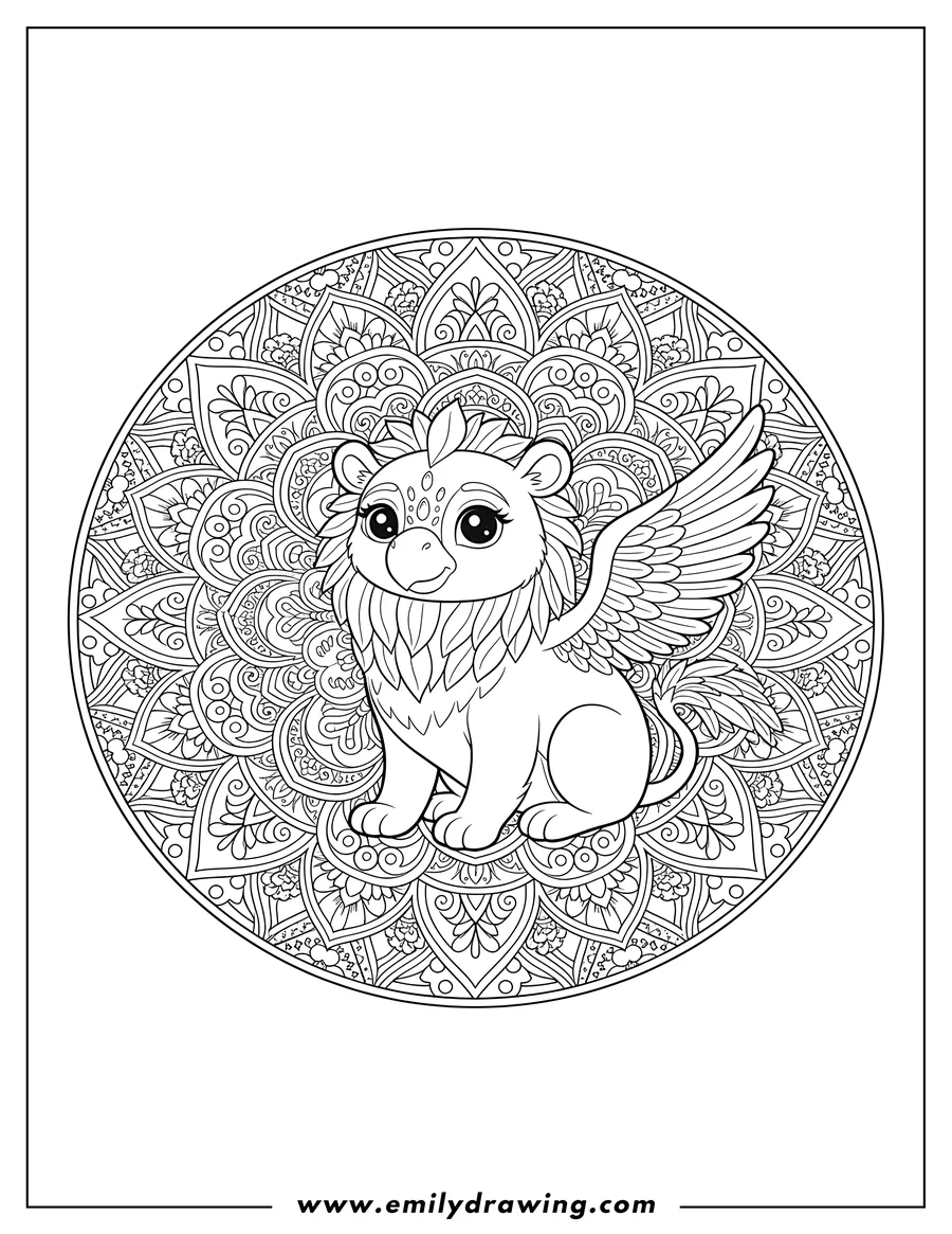 Downloadable coloring page of sitting mythical griffin inside an intricate ornamental mandala circle
