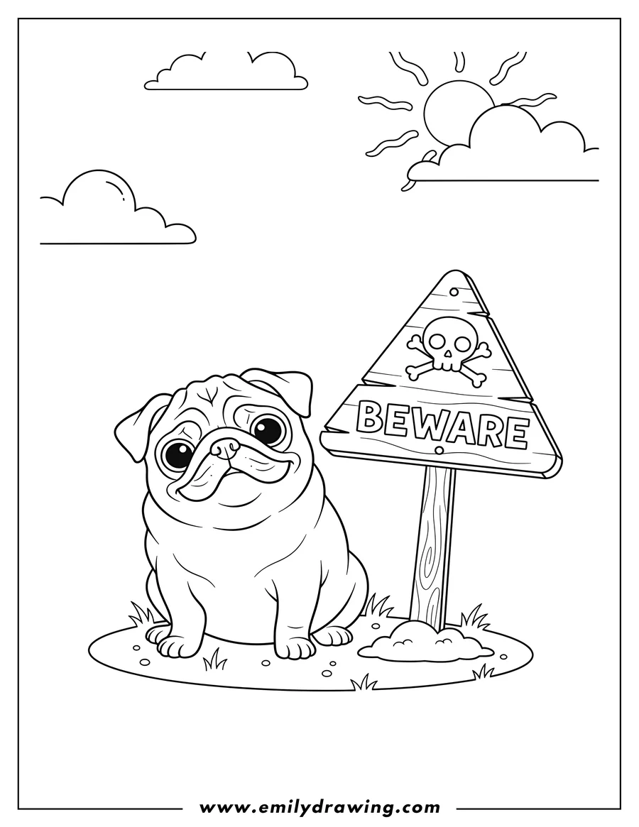 Coloring sheet featuring sitting pug with wrinkled face and tilted head next to a 'Beware' sign