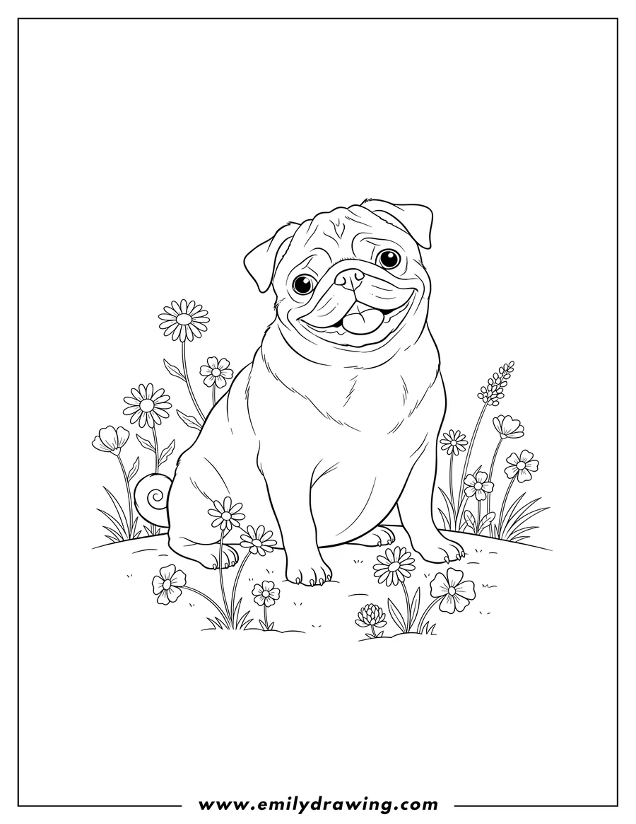 Doodle style coloring picture of A sitting pug with field flowers