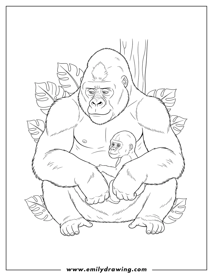 Black and white line art of sitting silverback gorilla looking down at a baby gorilla sitting on its lap