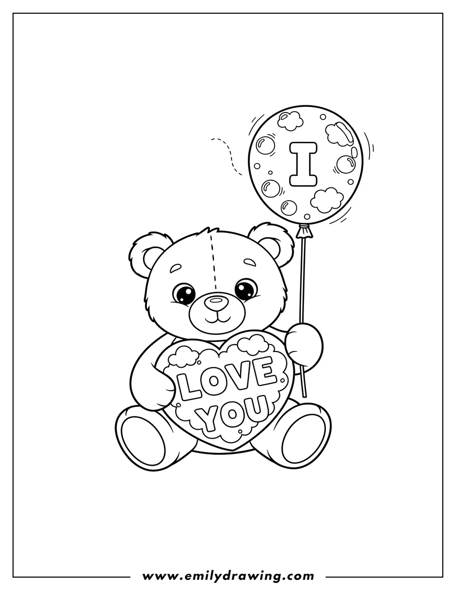 Full page coloring image of sitting Teddy Bear Holding Heart And Balloon With Bubbly I Love You Text Clouds
