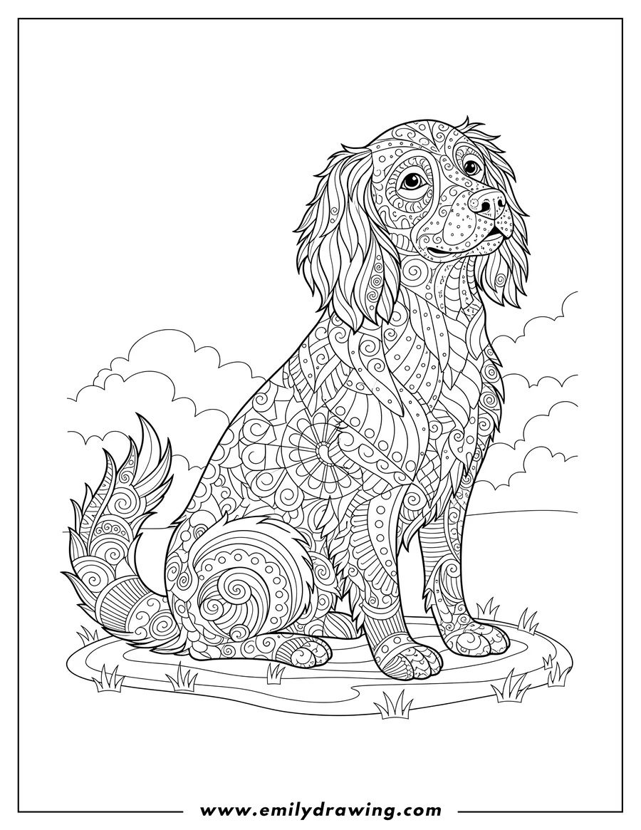 Printable line art of sitting Zentangle dog, long-haired, facing right