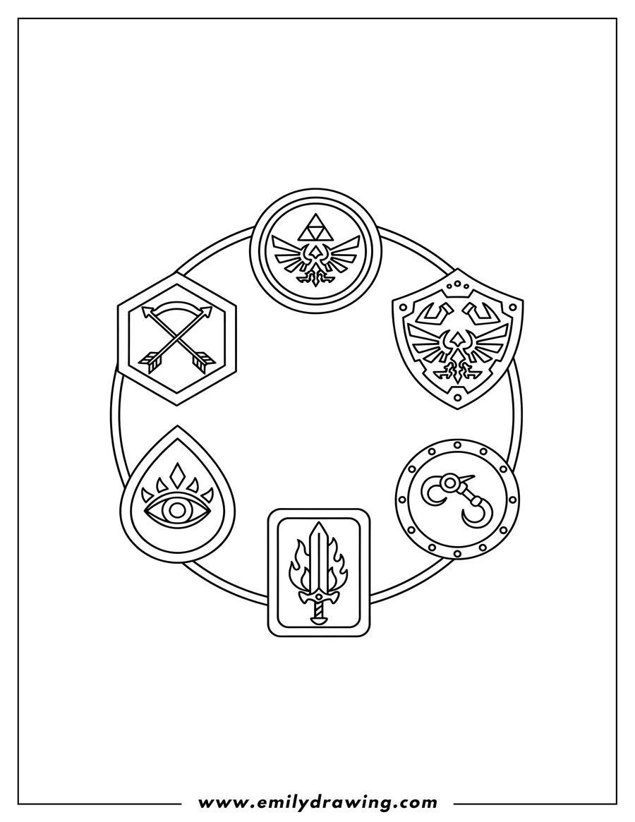 Free printable coloring sheet of six Zelda medallions with different symbols arranged in a circle