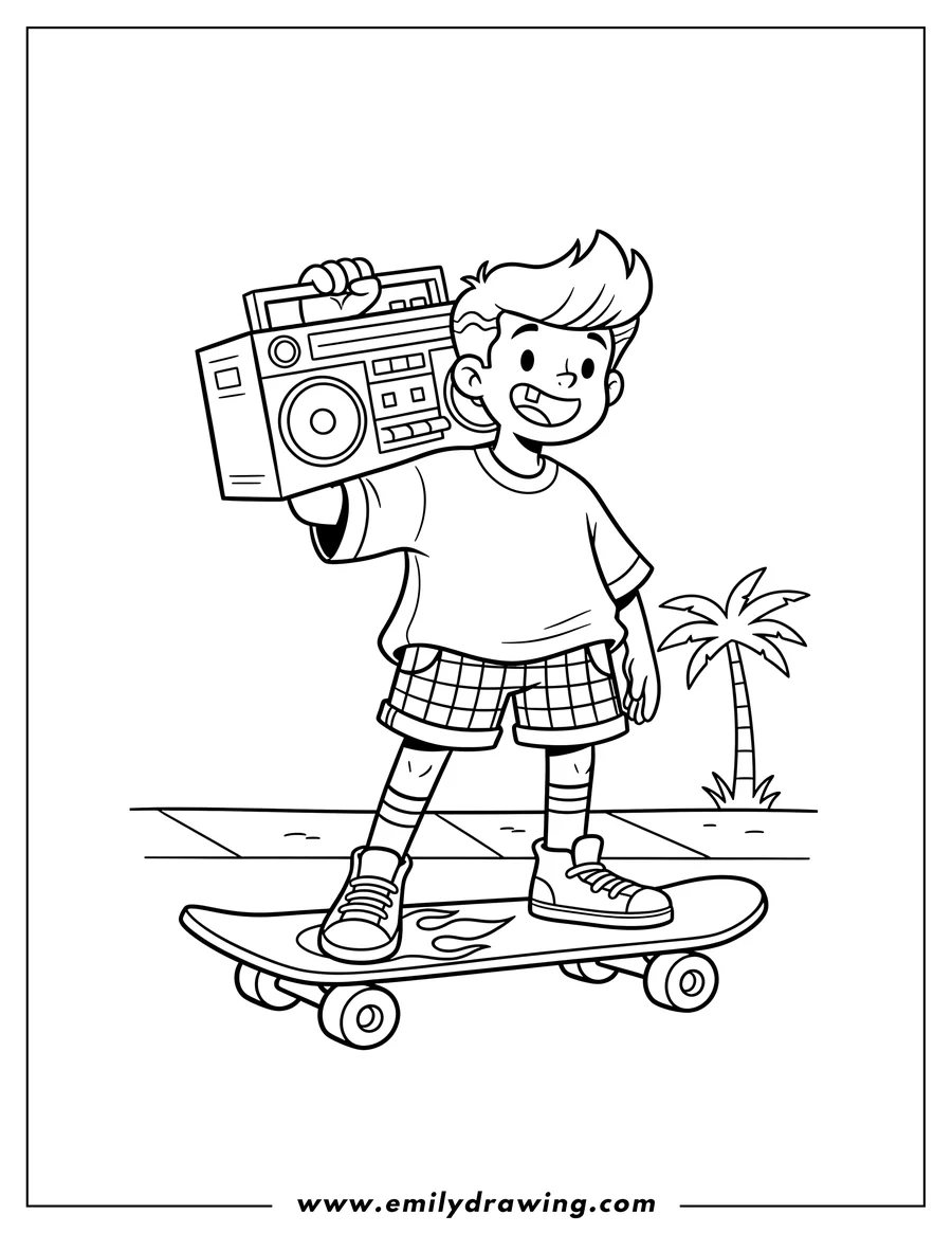 Free to print drawing of skater boy standing on a skateboard, holding a boombox on his shoulder and smiling, 80S