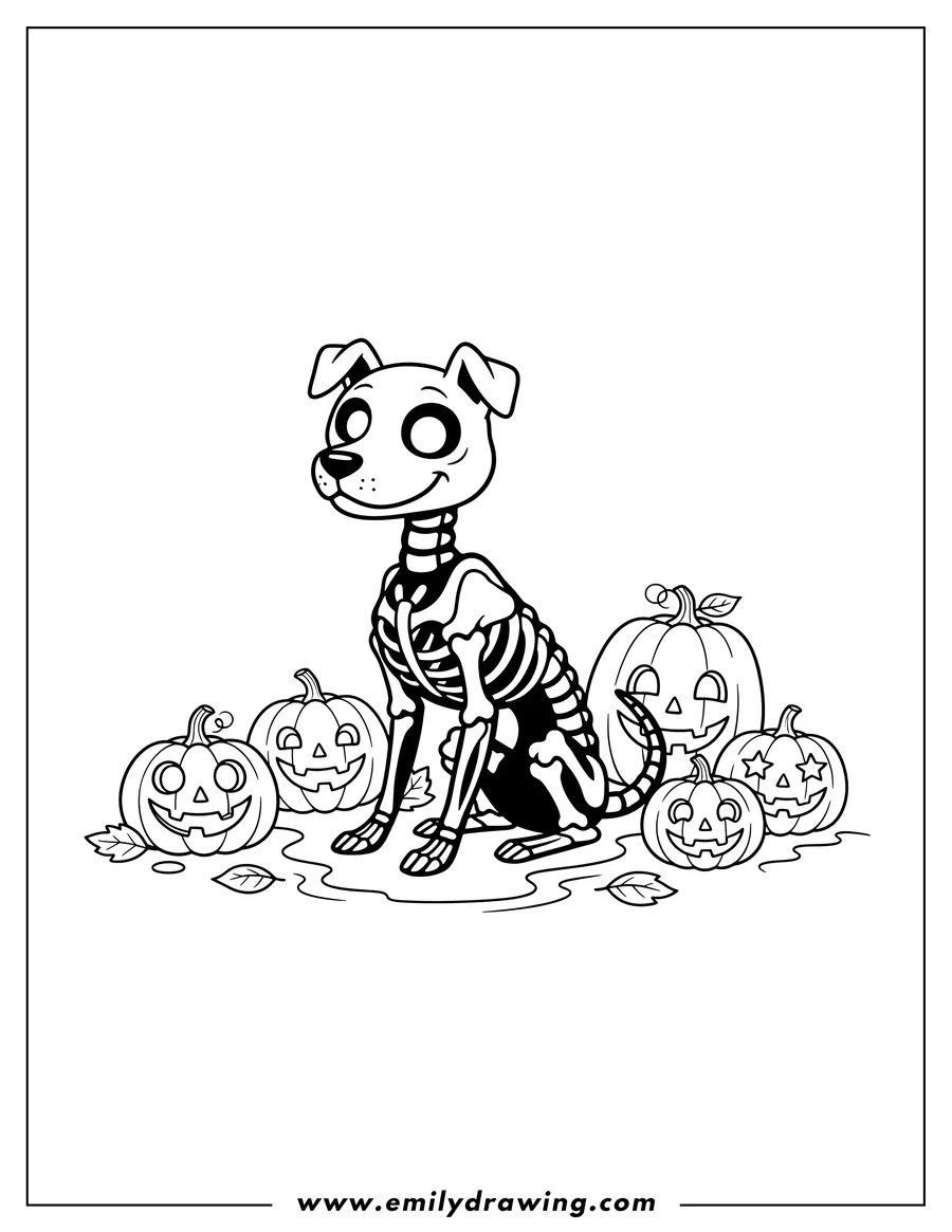 Vector style outline of A skeleton dog sitting surrounded by jack-o'-lanterns
