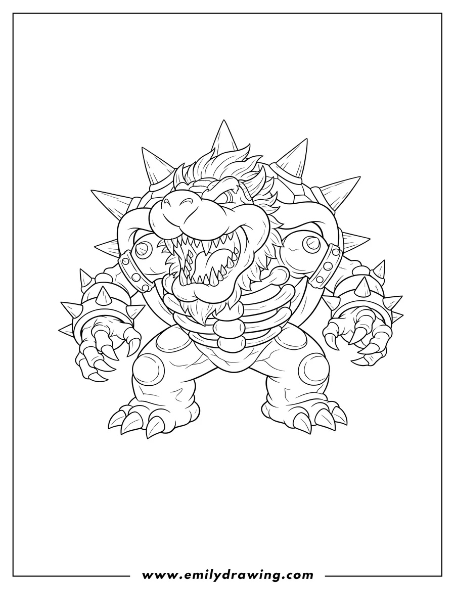 Printable line art of skeleton Dry Bowser roaring, showing sharp teeth and spiked armbands