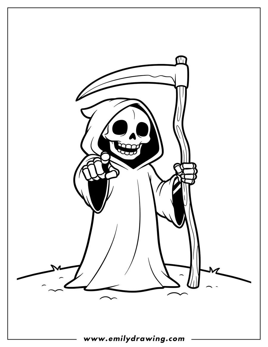 Doodle style coloring picture of skeleton Grim Reaper holding a scythe and pointing forward