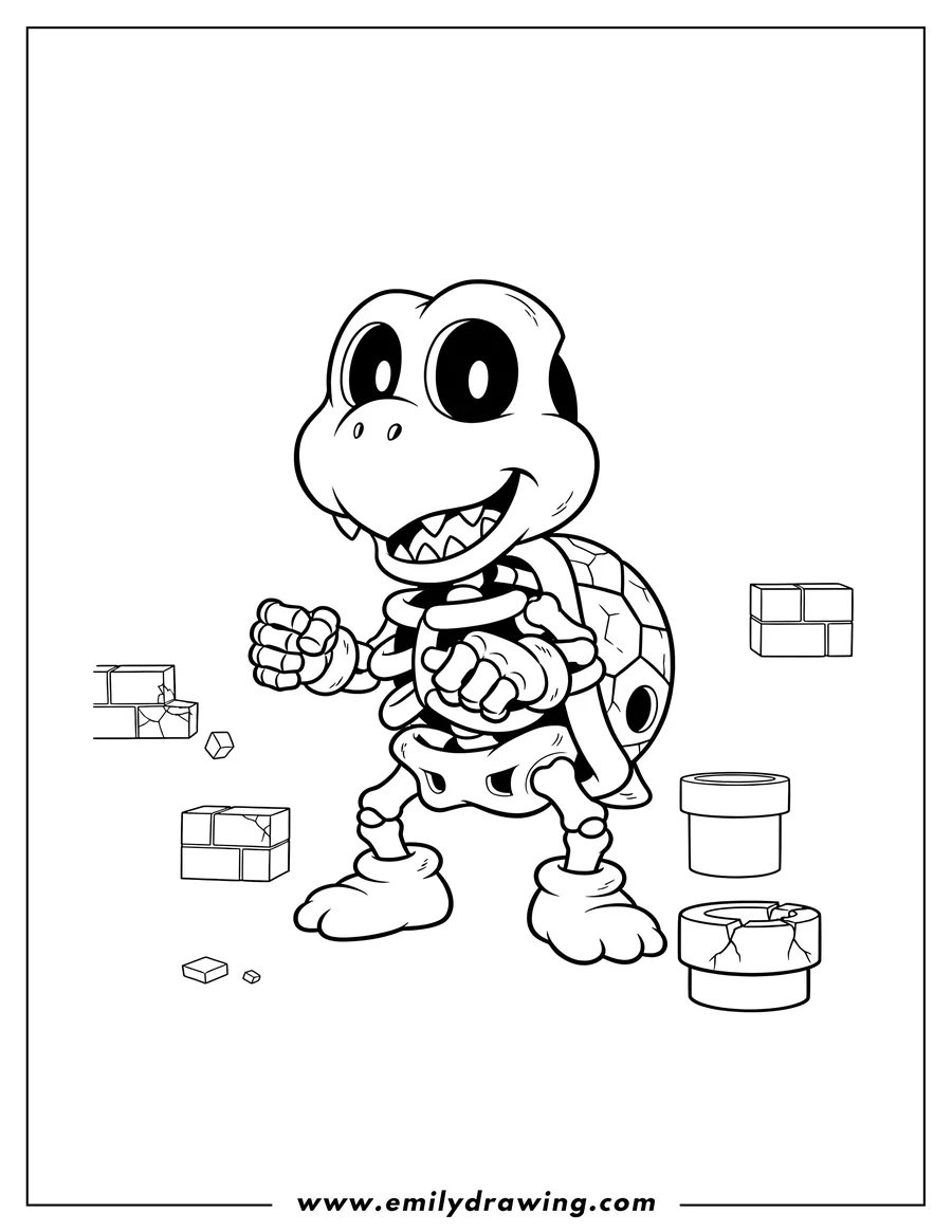 Simple sketch of skeleton Koopa Dry Bone standing to color