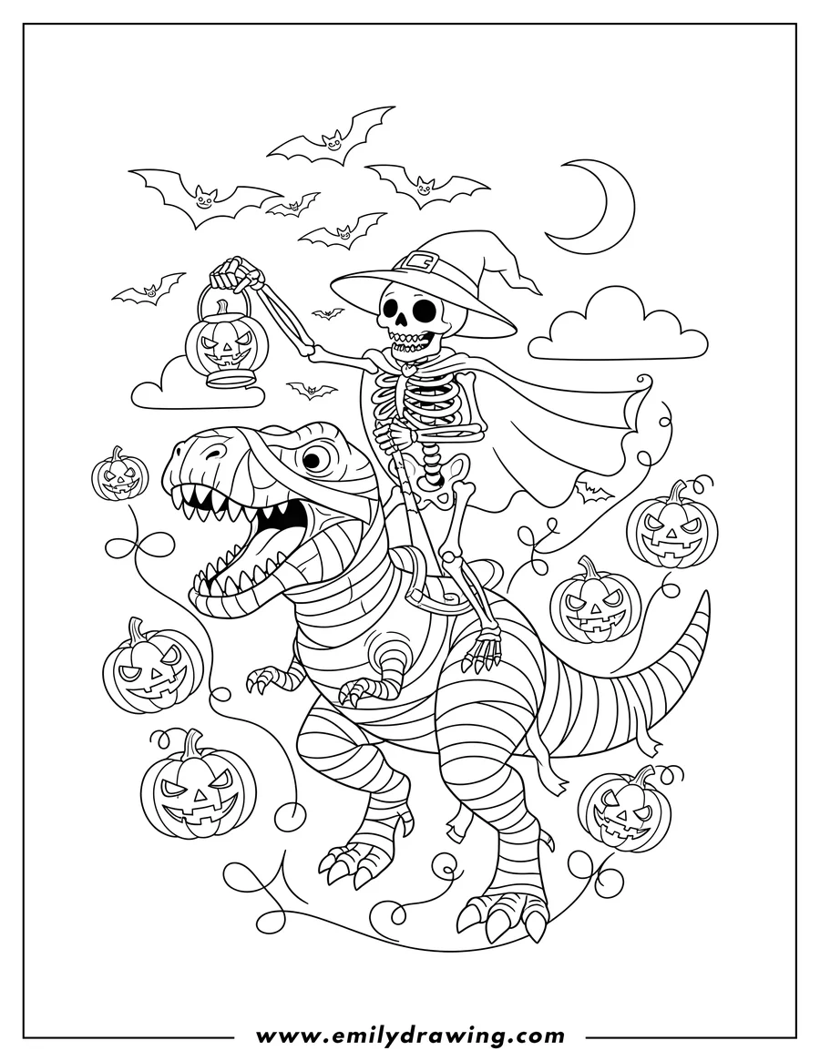 PDF style coloring page: skeleton Riding Roaring Mummy T Rex with Jack-o'-lanterns and Bats Sky Halloween