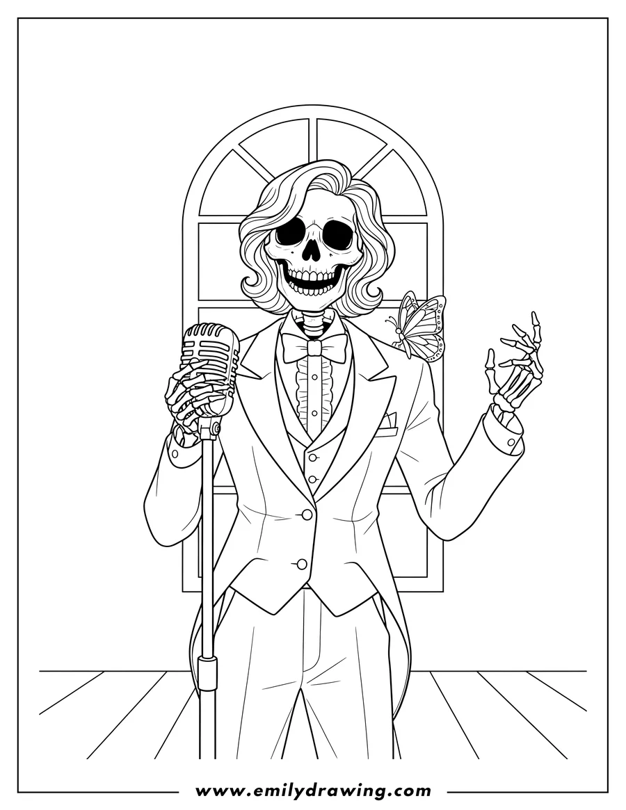 Printable line art of skeleton singer in a suit and hair, with a butterfly on its shoulder, performing at a vintage microphone