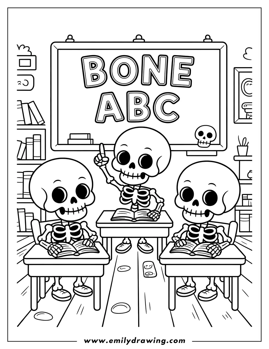 Coloring sheet featuring skeleton Student