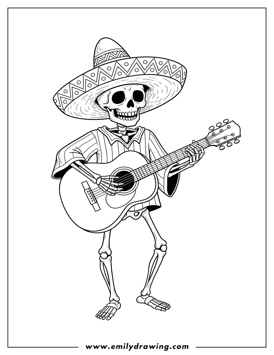 Simple sketch of skeleton wearing a sombrero and a striped shirt, playing an acoustic guitar to color