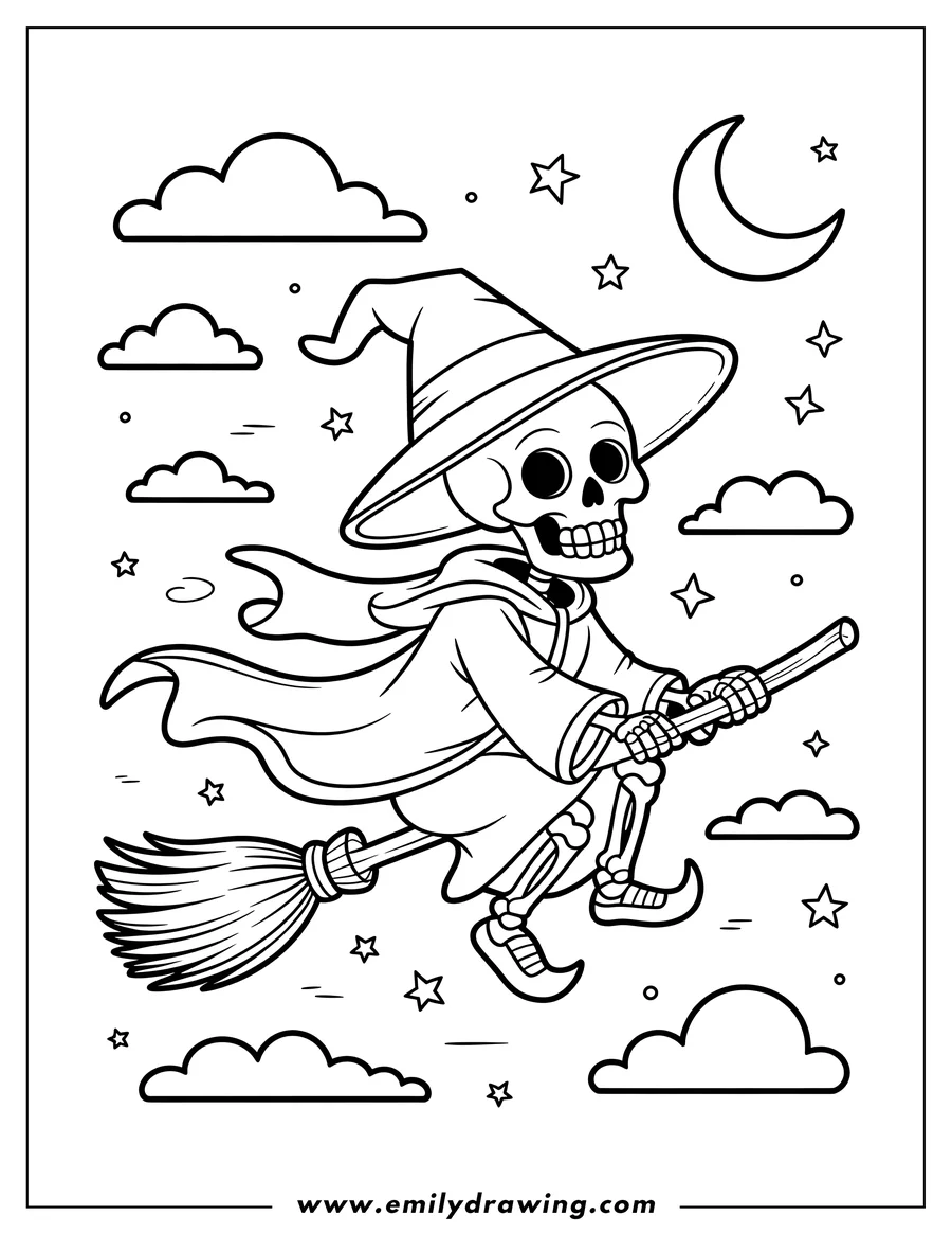 Outline drawing of skeleton Witch