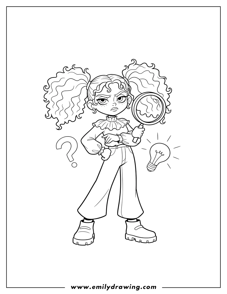 Printable coloring page of skeptical Gwen Grande with hand on hip