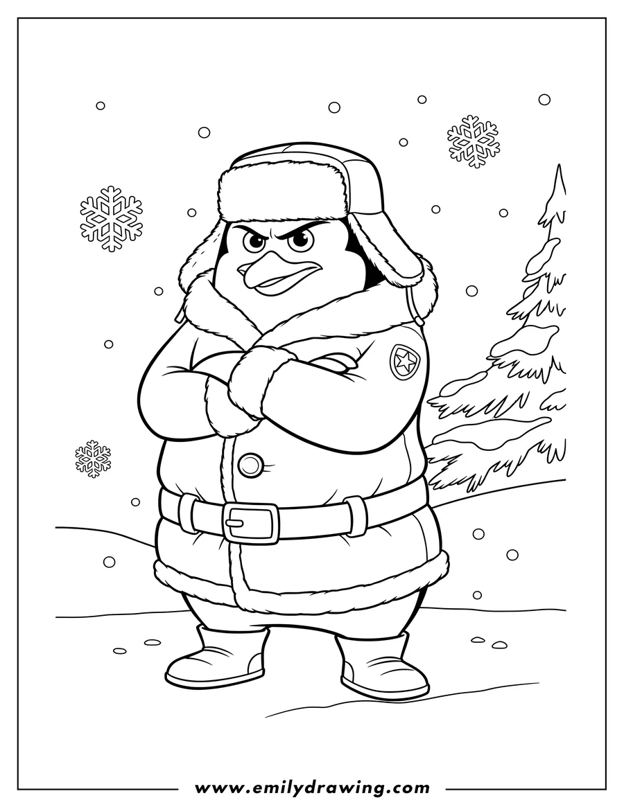 Vector style outline of skipper From Penguins Madagascar Winter, standing with arms crossed