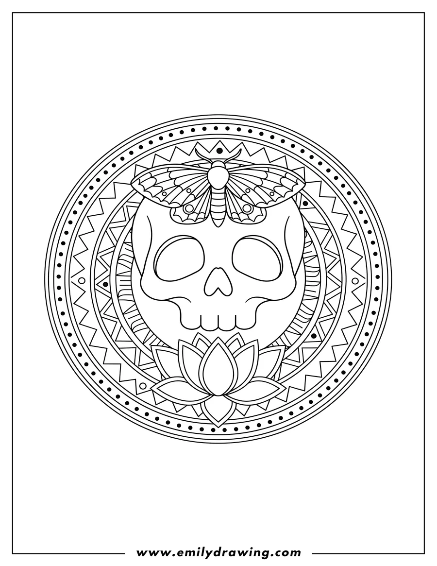 Downloadable coloring page of skull with a moth on its forehead, a lotus flower, and a mandala design