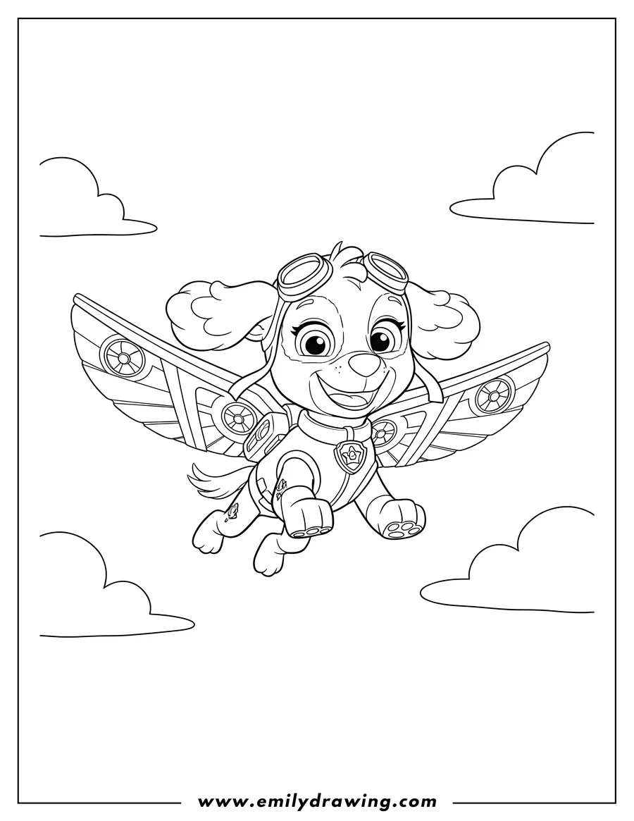 Vector style outline of skye Dog flying in the sky with her pup pack wings and a happy smile