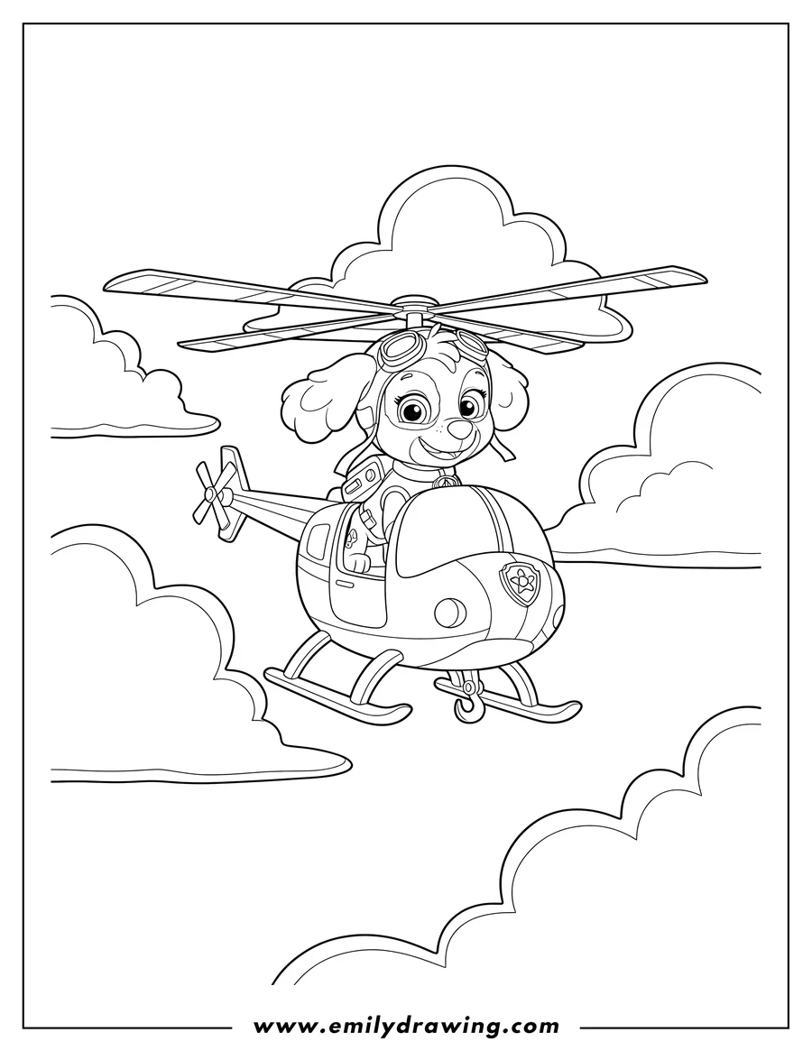 Coloring page for kids: skye from Paw Patrol flying her helicopter, wearing goggles, among clouds, To Color Scaled