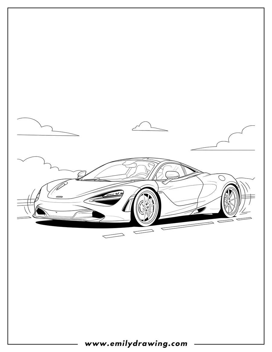 Coloring sheet featuring sleek Mclaren 720S driving