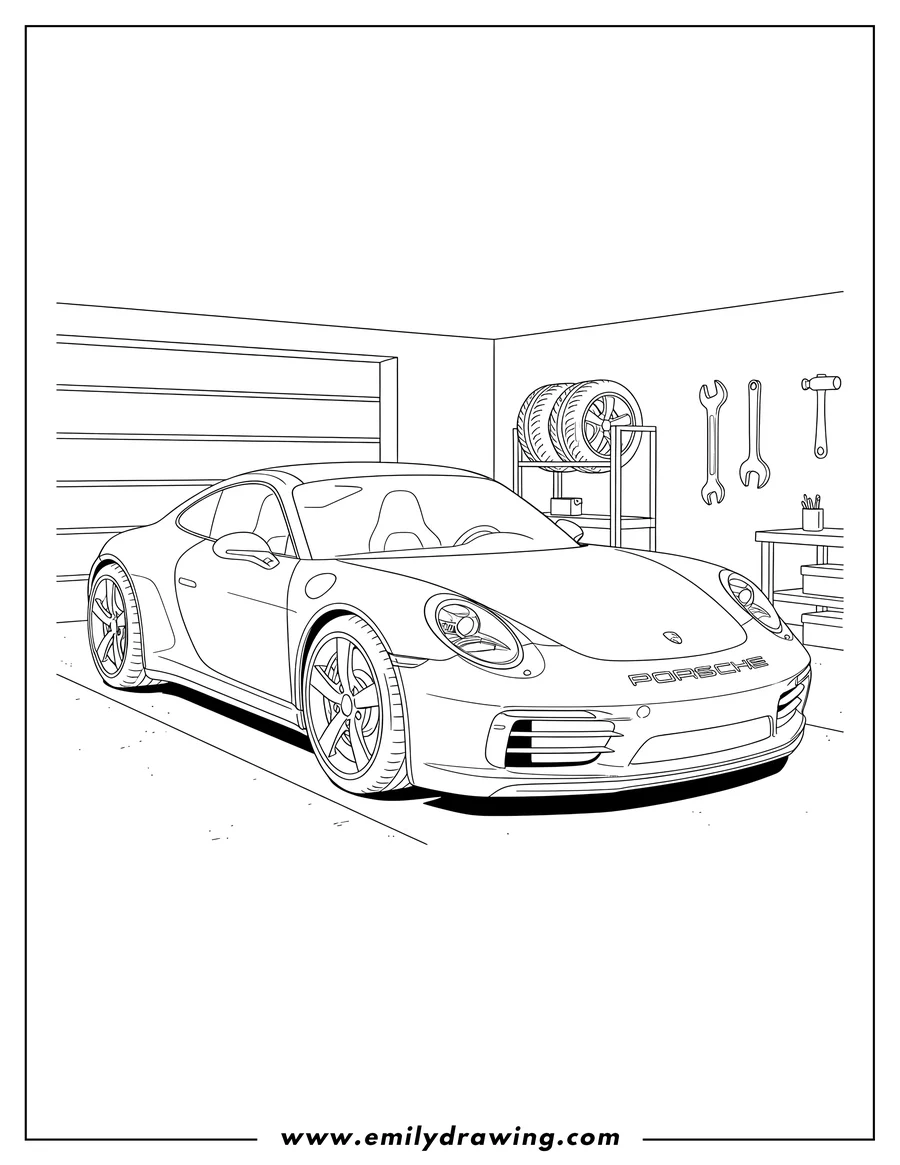 Clean line drawing: sleek Porsche coupe with PORSCHE logo, parked in garage