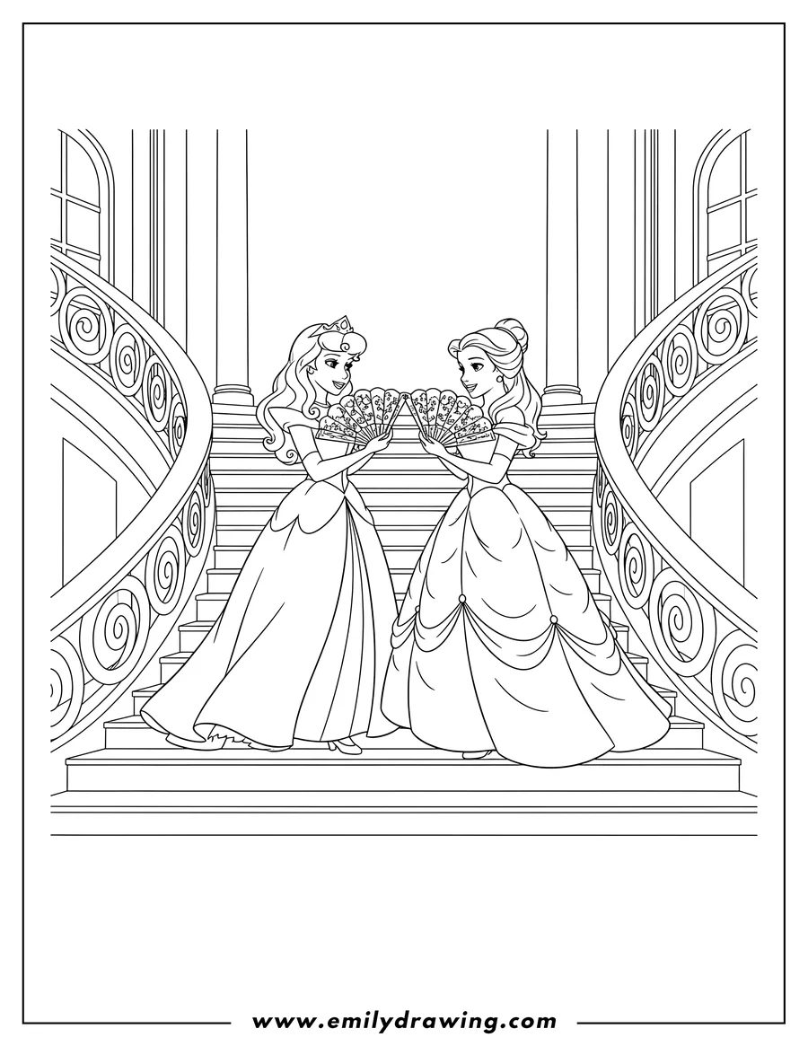 Free printable coloring sheet of sleeping Beauty and Belle facing each other on a grand staircase, both holding fans
