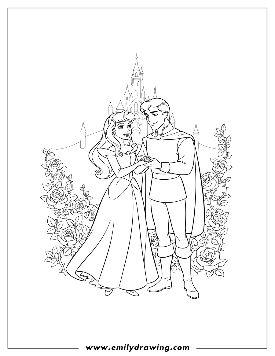 Free to print drawing of sleeping Beauty and Prince Phillip holding arms and looking at each other, to color scaled