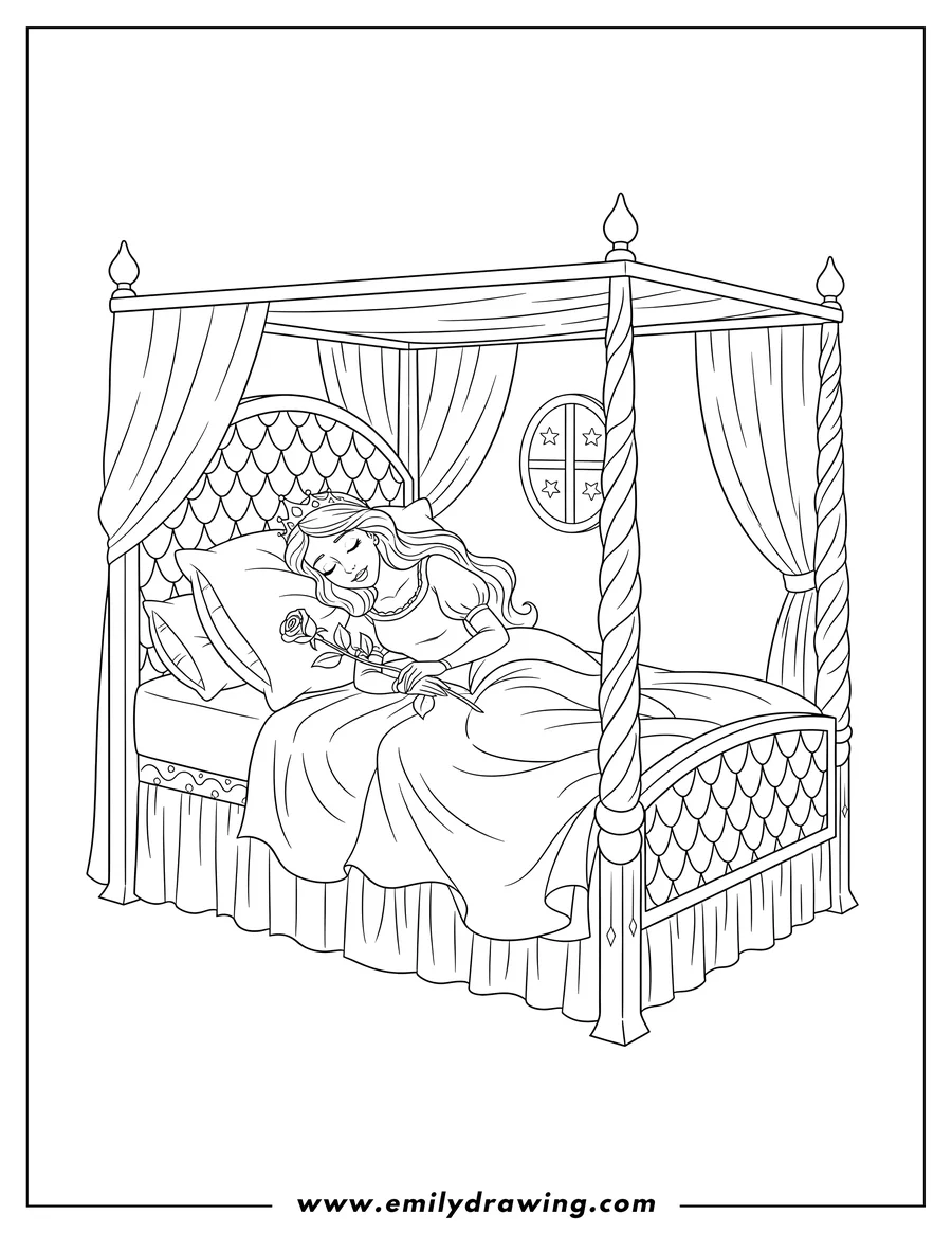 PDF style coloring page: sleeping Beauty Asleep Bed Scaled, wearing a crown and holding a rose