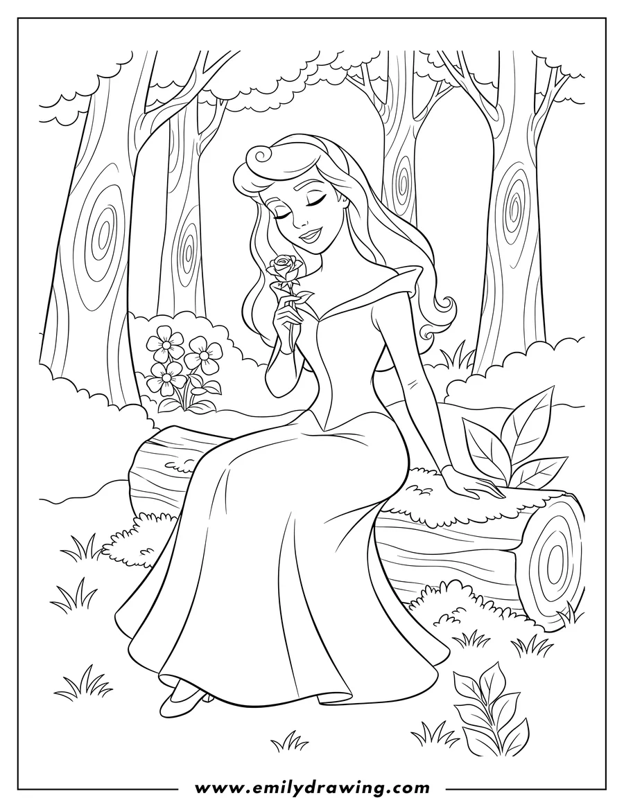 Full page coloring image of sleeping Beauty Aurora holding a rose in the forest