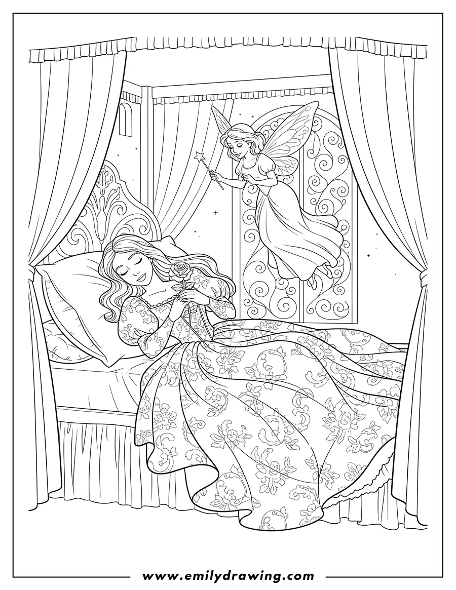 Printable line art of sleeping Beauty in deep sleep, holding a rose, with a fairy looking down at her