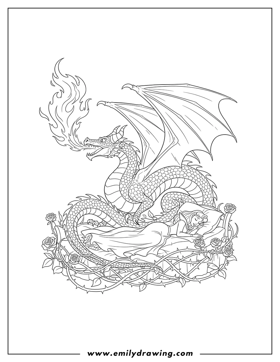 Simple sketch of sleeping Beauty Maleficent dragon, scaled, with wings, breathing fire to color