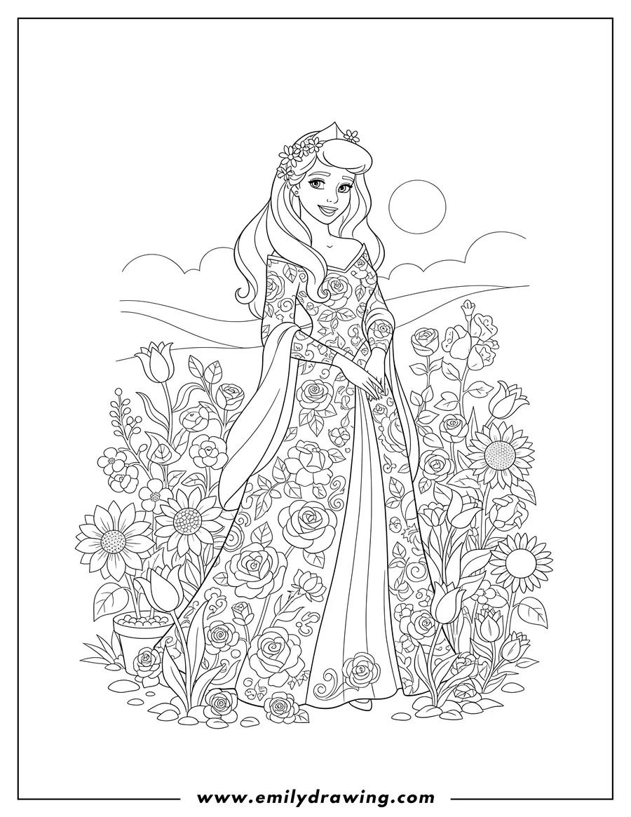 Vector style outline of sleeping Beauty standing and smiling, wearing a flower-decorated gown, surrounded by flowers