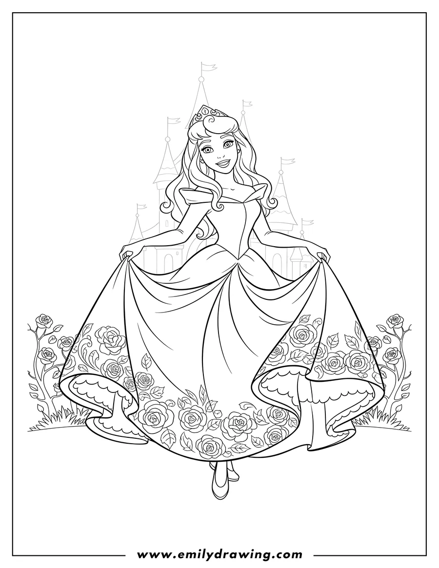 Doodle style coloring picture of sleeping Beauty smiling and holding up her beautiful dress